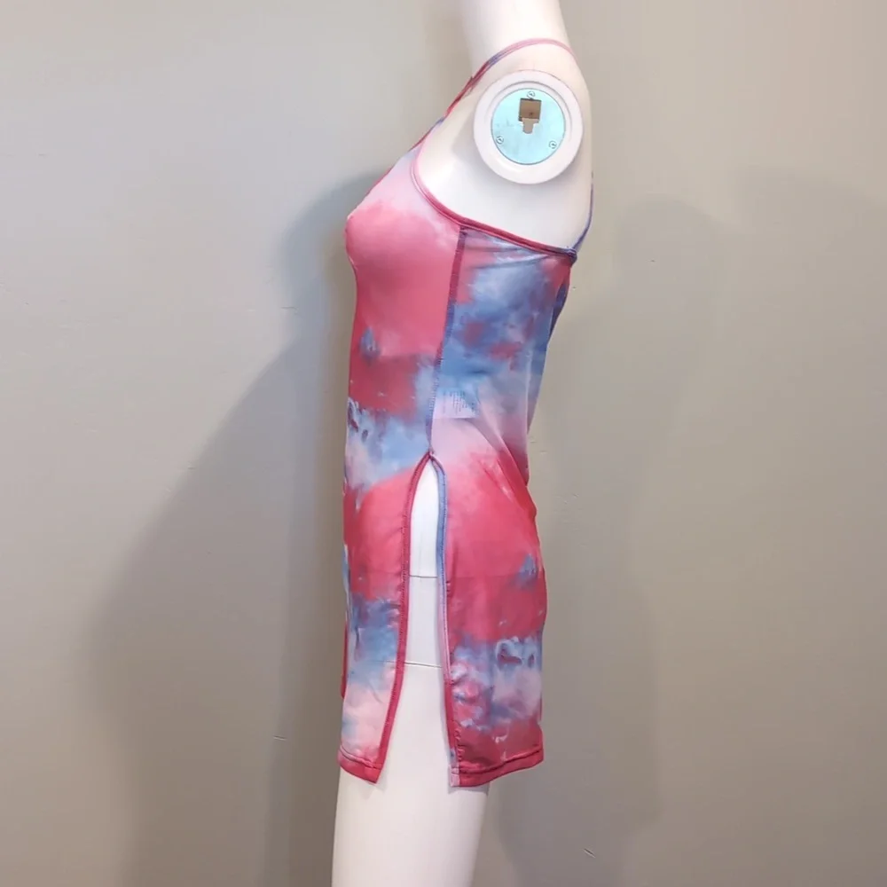 SHEIN Sheer Mesh Blue And Pink Tie Dye Slit Side Criss Cross Strap Mini Coverup